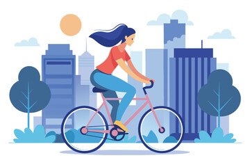 Wall Mural - A woman in a t-shirt and tight pants riding a bike in the city streets, A girl dressed in a t-shirt and tight pants riding a bicycle through the city, Simple and minimalist flat Vector Illustration