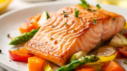 Wall Mural - Pan-seared salmon steak: A perfectly seared salmon steak rests on a bed of vegetables, its crispy skin inviting a hearty