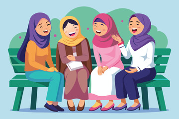 Wall Mural - Muslim girls laughing and chatting while sitting together on a green bench outdoors, A group of Muslim girls laughing and chatting on a bench, Simple and minimalist flat Vector Illustration