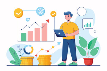 Canvas Print - A man standing next to stacks of coins while holding a laptop, analyzing growth charts and diagrams, a man analyzes growth charts, diagrams and coins, Simple and minimalist flat Vector Illustration