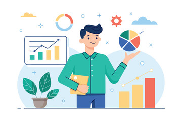 Poster - A man standing while holding a folder and a pie chart, analyzing data with a focused expression, a leader with success and chart analysis, Simple and minimalist flat Vector Illustration