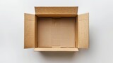 Fototapeta  - Top view an open brown empty cardboard box industrial package on white background. AI generated