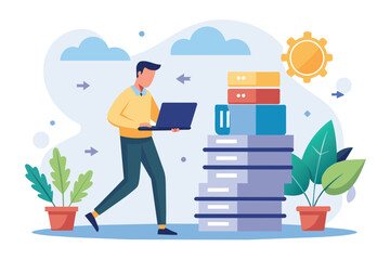 Wall Mural - A man is busy working on a laptop placed on a stack of books, a man is backing up company data, Simple and minimalist flat Vector Illustration