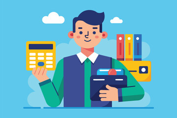 Poster - Man Holding Calculator and Clipboard, A man with an EDC machine and a credit card, Simple and minimalist flat Vector Illustration