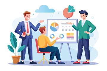 Sticker - Business Manager Explaining Statistics to Team by Whiteboard, A manager coach explaining statistics to businessmen, trending, Simple and minimalist flat Vector Illustration