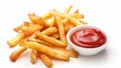 Tasty golden french fries potato snack with red tomato ketchup on white background. AI generated