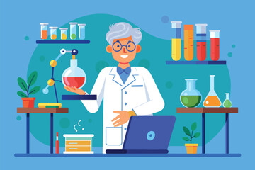 Canvas Print - A man in a lab coat standing and holding a laptop indoors, A professor is doing research in the lab, Simple and minimalist flat Vector Illustration