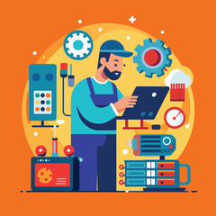 Sticker - A man is standing in front of a laptop computer, working on repairing it, A technical guy working on repairing a machine hardware and software, Simple and minimalist flat Vector Illustration