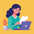 © Iftikhar alam - A woman seated at a table, using a laptop to read a user manual, A woman reading the user manual using a laptop trending, Simple and minimalist flat Vector Illustration