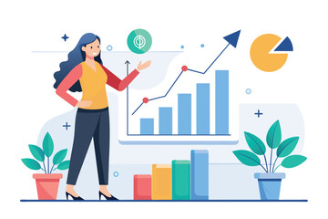 Canvas Print - A businesswoman gestures at an upward-trending growth chart, A woman presents a business growth charts metaphor, Simple and minimalist flat Vector Illustration