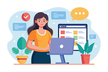 Sticker - A woman in a minimalist workspace, standing in front of a computer screen, A woman website hosting, Simple and minimalist flat Vector Illustration