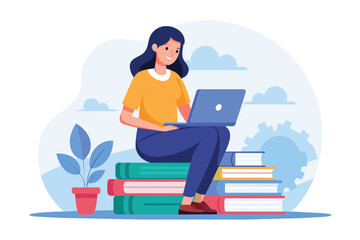 Wall Mural - A woman sitting on a stack of books while typing on her laptop, a woman working on a laptop sitting on a stack of books, Simple and minimalist flat Vector Illustration