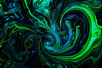 Psychedelic neon psychedelic art with swirling green and blue patterns. Abstract art on black background.