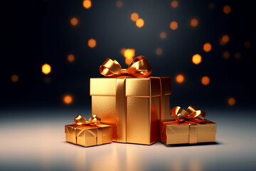 Golden gift boxes on abstract background. A golden gift box with bokeh lights in a dark and festive holiday background, ideal for Christmas or birthday-themed designs