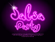 Vector event flyer Salsa Party with purple Neon Alphabet letters and Numbers set. Glowing funky Font.