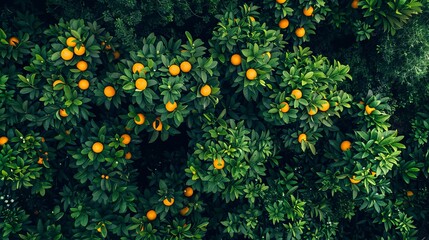 Wall Mural - Aerial top view of orange fruit trees in forest. Drone view of dense orange tree captures CO2. Orange tree nature background for carbon neutrality and net zero emissions concept. 