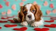 Cavalier King Charles Spaniel puppy with a Valentine s Day theme on a mint green and red heart patterned backdrop