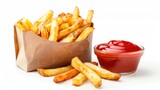 Fototapeta  - Tasty golden french fries potato snack with red tomato ketchup on white background. AI generated
