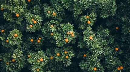 Wall Mural - Aerial top view of orange fruit trees in forest. Drone view of dense orange tree captures CO2. Orange tree nature background for carbon neutrality and net zero emissions concept. 