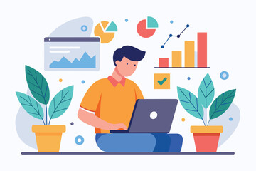 Poster - A man sitting in front of a laptop computer, focused on analyzing business charts and data, Analyzing charts business using laptop,computer concept, Simple and minimalist flat Vector Illustration