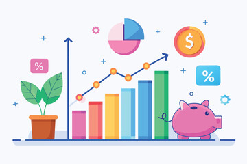 Poster - A piggy bank placed on a bar chart, symbolizing financial growth and savings, Analyzing savings growth data, Simple and minimalist flat Vector Illustration