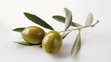 Fototapeta  - Green olives on branch with green leaves on white background. AI generated image