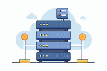 Canvas Print - A vertical stack of blue servers with yellow lights glowing around them in a data center setting, backup server data base, Simple and minimalist flat Vector Illustration