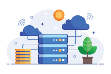 Poster - A stack of blue servers with a green plant in the foreground, big data backup with cloud, Simple and minimalist flat Vector Illustration