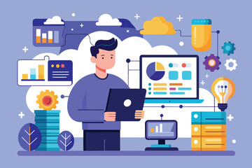 Canvas Print - A man is standing in front of a laptop computer, appearing focused on the screen, big data management and analysis, Simple and minimalist flat Vector Illustration