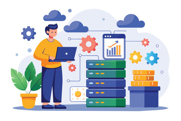 Poster - Man Standing in Front of Stack of Data, big data management concepts backup service technician, Simple and minimalist flat Vector Illustration