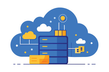 Sticker - A blue cloud with a stack of boxes and a sun on top of it, Blue color vector with cloud storage concept, Simple and minimalist flat Vector Illustration