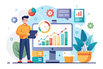 Poster - A man standing in front of a computer screen, analyzing business data, business data analysis, Simple and minimalist flat Vector Illustration