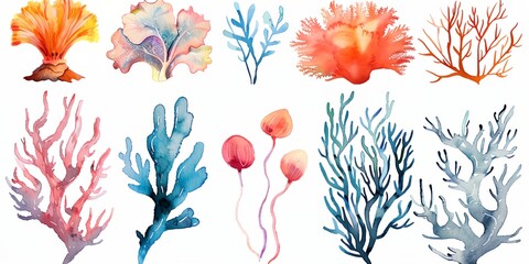 Wall Mural - Watercolor corals and seaweed set, collection sea themed clip art