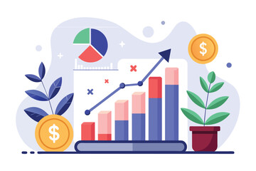 Sticker - Laptop screen showing business income analysis graph, accompanied by a plant nearby, Business income analysis trending, Simple and minimalist flat Vector Illustration