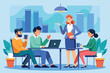 © Iftikhar alam - A group of individuals sitting around a table, engaged in a meeting, with a laptop open in front of them, business people conduct meetings, Simple and minimalist flat Vector Illustration