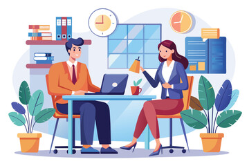 Sticker - A man and woman are focused, working on a laptop together at a table in an office setting, Business people working in the office are exchanging ideas, Simple and minimalist flat Vector Illustration