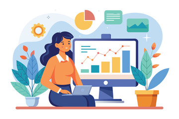 Sticker - A woman is seated in front of a computer screen, analyzing data for her work or studies, Business woman analyzing data on screen, Simple and minimalist flat Vector Illustration