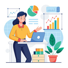 Wall Mural - A woman focused on her laptop at a table, possibly analyzing office financial data, Business woman analyzing office financial data graph, Simple and minimalist flat Vector Illustration