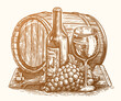 Hand drawn bottle and glass of wine, barrel. Winery sketch vintage vector illustration