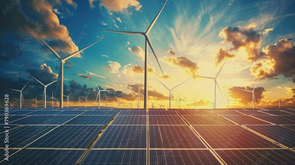 solar cell plant and wind generators under blue sky on sunset ...