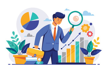 Poster - A man in business attire holding a magnifying glass, examining data closely, Businessman with data and magnifying glass trending, Simple and minimalist flat Vector Illustration