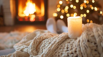 Wall Mural - A person laying on a blanket with lit candle in front of fireplace, AI