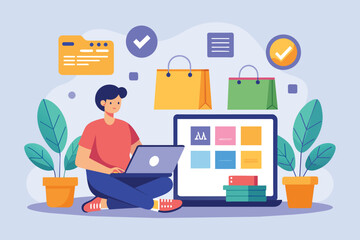 Sticker - Man sitting on floor, focused on laptop screen, browsing or working online, Buy products online using a laptop, Simple and minimalist flat Vector Illustration