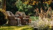 A couple of two wicker chairs sitting in a lush green field, AI