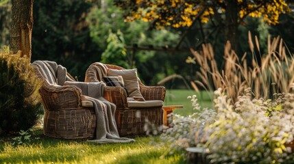 Canvas Print - A couple of two wicker chairs sitting in a lush green field, AI