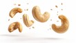 3d render many flying dry cashew nuts on white background. AI generated image