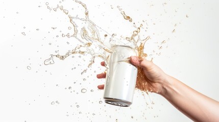 A human hand holding open white can with splashing out soda drink on white background. AI generated