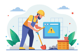 Poster - A construction worker is using a shovel to fix an error on a screen displaying page not found, repairman fixes computer error page not found flat illustration