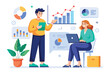 © Iftikhar alam - A man and a woman seated at a table, deeply engaged in discussing data graph analysis on a laptop, coworkers discussing data graph analysis, Simple and minimalist flat Vector Illustration