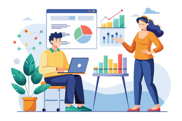 Canvas Print - A man and a woman are engaged in data graph analysis on a laptop at a table, coworkers discussing data graph analysis, Simple and minimalist flat Vector Illustration